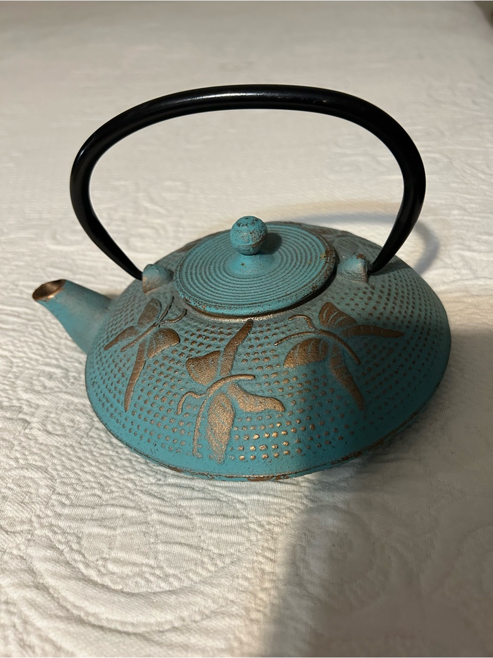 Turquoise Cast Iron Teapot with Dragonfly Design